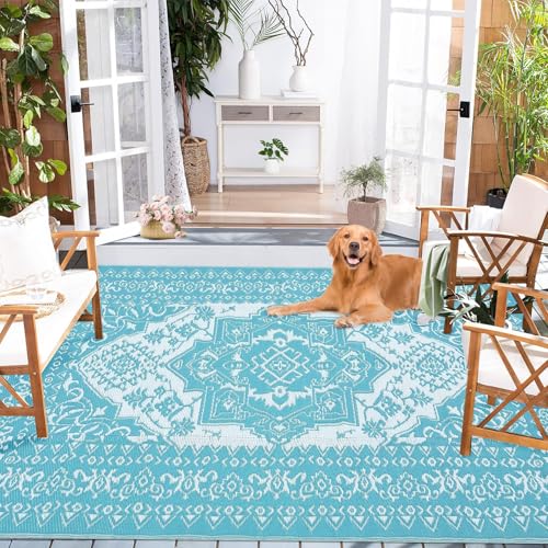 COZYLOOM Outdoor Rug 9' x 18' Waterproof for Patios Clearance, Reversible, Plastic Straw Camping Rug Carpet with 4 Stakes, Large Area Rugs for RV, Picnic, Backyard, Deck, Balcony, Porch, Blue & White - color: Vintage Blue/White, size: 9'x18'