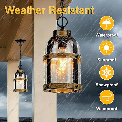 Outdoor Pendant Light for Porch,Modern Exterior Hanging Lantern with Adjustable Chain, in Black and Wood Grain Finish with Seeded Glass for Front Door,Entryway,Farmhouse (Wood Grain(updated)) - color: Wood Grain (New)