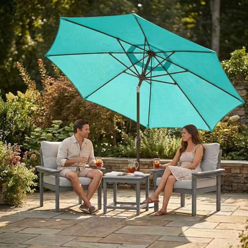 Kingdura 10FT Outdoor Patio Umbrella, Market Table Umbrella with Push Button Tilt and Crank, 8 Sturdy Fiberglass Ribs, UV Protection for Pool, Lawn, Deck, Backyard, Garden (Tiffany blue) - color: Tiffany blue, size: 10 FT