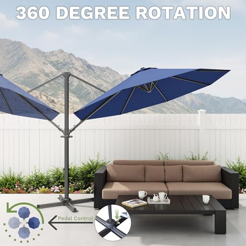 Patiowell 10 FT Patio Umbrella, Outdoor Cantilever Umbrella with 360 Degree Rotation & 5 Adjustable Tilt, Large Hanging Offset Round Sun Umbrella with Frame for Backyard Garden Poolside, Navy Blue - color: Navy Blue, size: 10 FT