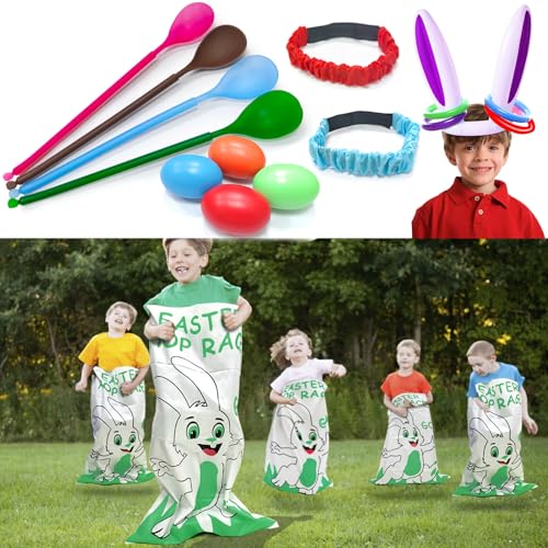 19 Pack Easter Outdoor Party Games for Kid Family, School Carnival Game 4 Bunny Potato Sack Race Bag, Egg and Spoon Relay Race, 2 3-Legged Band, 1 Ear Ring Toss Game (4 Score Rings) Easter Eggs Hunt