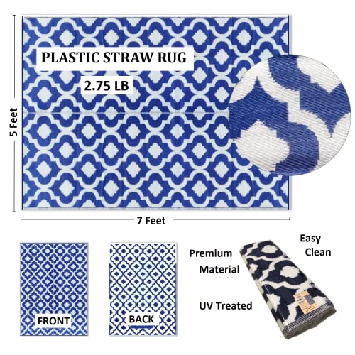 Outdoor Rug - 5x7 feet, Multi Color, Reversible, Portable, for Camping picnic, Waterproof, Plastic straw patio rugs, RV camper mat 477 - color: Blue, White, size: 5' x 7' (Rectangular)