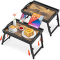 2 Pack Bed Tray Table with Adjustable Legs Breakfast Trays Serving Tray Bamboo Bed Laptap Floding Legs with Handles and Phone Holders - color: 2 Pack