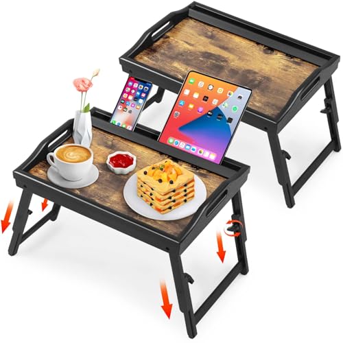 2 Pack Bed Tray Table with Adjustable Legs Breakfast Trays Serving Tray Bamboo Bed Laptap Floding Legs with Handles and Phone Holders - color: 2 Pack