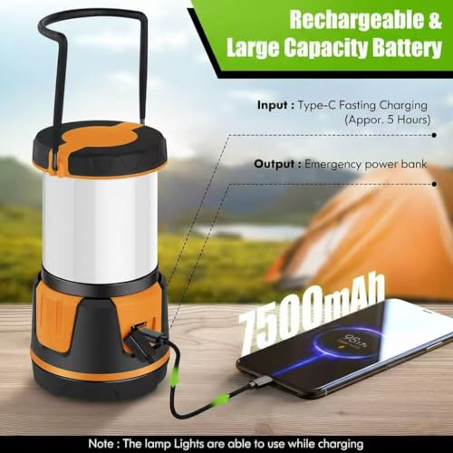 Rechargeable LED Lantern - 3000 Lumens, 5 Light Modes, IP54 Waterproof, 7500mAh Battery, Portable Flashlight for Camping, Hiking, Power Outages & Emergencie (Orange) - color: Orange