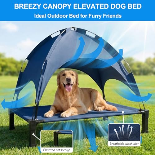 Elevated Dog Bed with Canopy Raised Pet Cot for Large Dogs, Outdoor Dog Cot with Removable Sun Shade Tent, Breathable Mesh Portable Dogs Cot for Camping, Beach, Backyard, Outdoor Use - color: Blue, size: 60"L x 36"W x 49"H