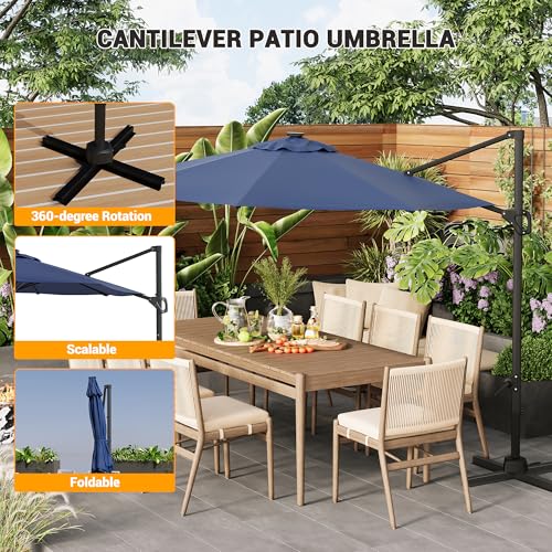10ft Cantilever Patio Umbrella with Base - 360° Rotation & Adjustable Tilt - Heavy-Duty Waterproof Canopy - Rust-Resistant Aluminum Frame - Windproof Offset Sun Shade for Garden, Deck, Pool, or Backyard - Grey or Beige - color: Navy Blue