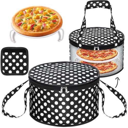 Pickmesh Round Pie Carrier 12 x 7 Inch Insulated Casserole Carriers with Lid and Detachable Handle for Hot or Cold Food Cake Transport Thanksgiving Christmas Gift(Black White Polka Dots) - color: Black White Polka Dots