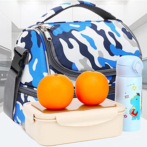 FlowFly Kids Double Decker Cooler Insulated Lunch Bag Large Tote for Boys, Girls, Men, Women, With Adjustable Strap, Blue Camo - color: Blue Camo