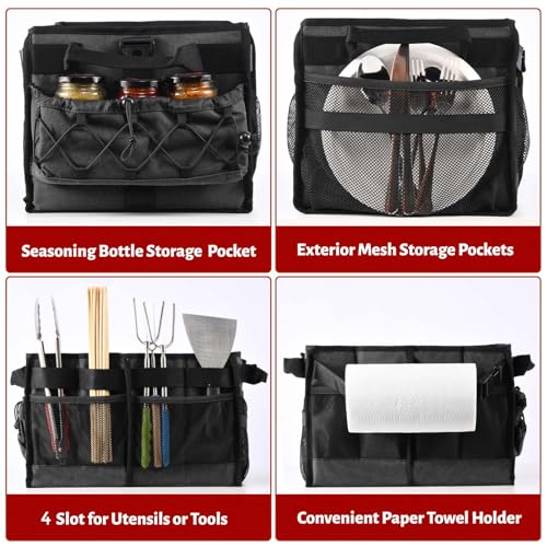 Lorbro Grill Caddy, BBQ Caddy with Paper Towel Holder, Utensil Caddy with Condiment Pocket, Collapsible Picnic Basket Camping Gear Must Haves for Outdoor, Gift, Grilling Tool, Barbecue, RV, Black - style: Black