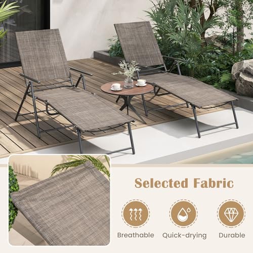 Giantex Lounge Chair Outdoor Set of 2 - Tanning Chair with 6 Adjustable Backrest, 2-Level Footrest, Folding Sunbathing Lounger for Patio, Poolside, Yard, Chaise Lounge Chair, Beach Chair (Brown) - color: Brown