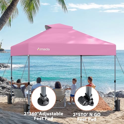 Amada 10x10 Pop Up Canopy Tent, 1-Button Push Easy-up Outdoor Canopy Beach Tent with 3-Height Adjustable Waterproof Shade Shelter, Wheeled STO-N-Go Bag 8 Stakes, 4 SandBags (Pink) - color: Pink, size: 10x10ft