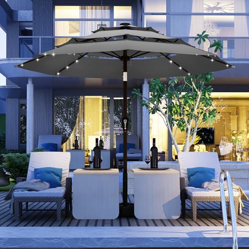 Kingdura 10ft 3-Tier Patio Umbrella with Solar Lights, Table Umbrella Outdoor Patio with Easy Crank & Tilt, 8 Sturdy Ribs, UV Protection, 32 LED Lights for Deck, Poolside, Market (Grey) - color: Grey-LED, size: 10 FT