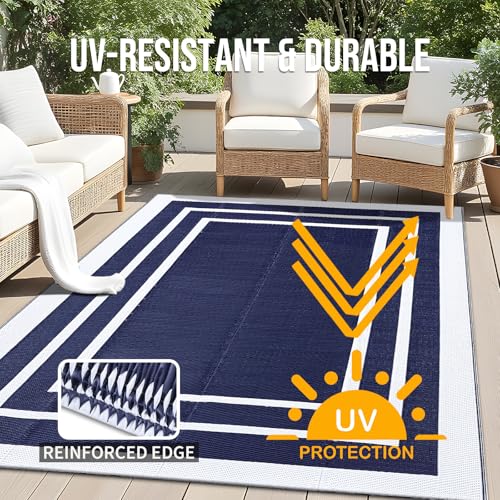 OLANLY Outdoor Rug 5x8 ft Waterproof, Reversible Outdoor Plastic Straw Rug, RV Mat, Indoor Outdoor Carpet Clearance for Patio, Camping, Balcony, Deck, Backyard, Navy & White - color: Navy Blue & White, size: 5' X 8' (Rectangular)