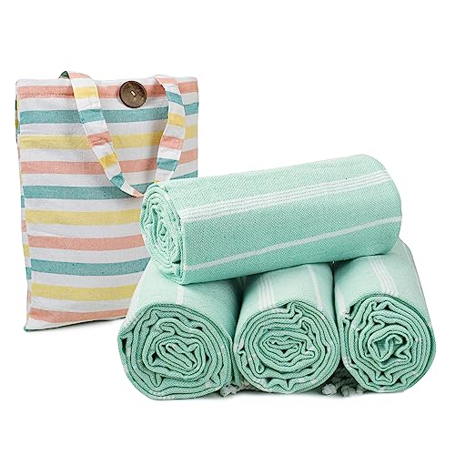 HILLFAIR Cotton Turkish Beach Towels, Quick Dry Lightweight Sand Free Peshtemal Towel for Bath Swim Yoga Spa Travel, Beach Accessories, Oversized Cotton Turkish Towels (39 x 72 inch- 4 Pack Mint) - color: Mint, size: 39 x 72 inch ( Beach towel - 4 PACK )
