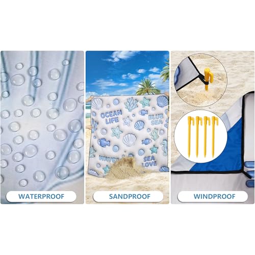HIHOHO Beach Blanket Waterproof Sandproof Beach Mat 79”x 83” for 1-8 Adults Quick Drying Durable Outdoor Picnic Mat for Beach Festival Travel Camping Hiking (3D Ocean, 79"×83"(4 Person)) - color: 3d Ocean, size: 6'11" x 6'7"