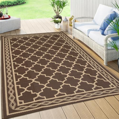 GarveeHome 10x20 Outdoor Rug for Patio Waterproof Rug Large Outside Rugs Reversible Plastic Straw Patio Camping Rugs Foldable Camping Carpet for Backyard, Deck, Picnic, Beach, Trailer, Brown/Beige - color: Brown/Beige(geometric), size: 10' x 20' (Rectangu