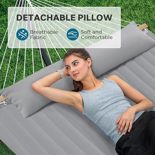 SUPERJARE Hammock with Stand, 2 Person Quilted Outdoor Hammock, Detachable Pillow & Bamboo Spreaders, Portable Hammock with Carrying Bag, Heavy Duty Stand, Perfect for Outside, Patio, Gray - color: Grey, size: 62.9"w × 78.7''d × 43.3''h