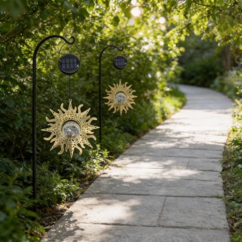 Hanging Solar Sun Lights Outdoor Waterproof Decor, 2 Pack Metal Daystar Shell & Glass LED Globe Lanterns for Garden, Backyard, Balcony, Patio, Tree, Wall, Mother's Day Gifts for Women Mom