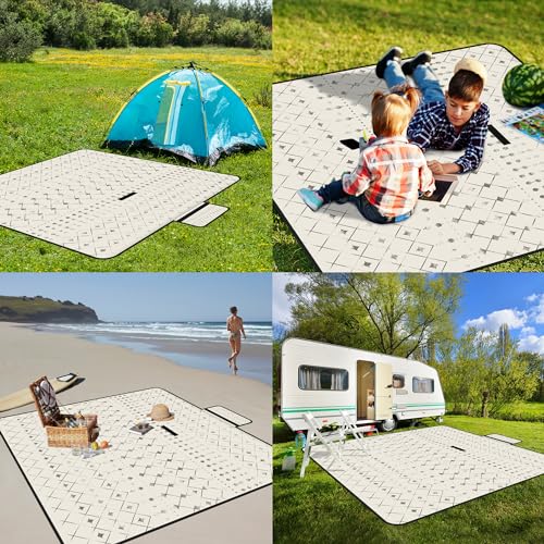 Picnic Blankets Waterproof,79''x79'' Extra Large Foldable Sandproof Beach Blanket,Portable 3-Layer Polyester Outdoor Picnic Blanket for Grass Lawn,Beach,Family Camping,Park,Travel-Beige - color: Beige