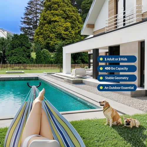 Double Hammock with Stand, Outdoor Quilted Padded Hammock with Heavy Duty Iron Frame, Portable Patio Swing Bed for Backyard Garden, 450 Lbs Capacity,Light Blue-Green Striped - color: Blue Green Stripes