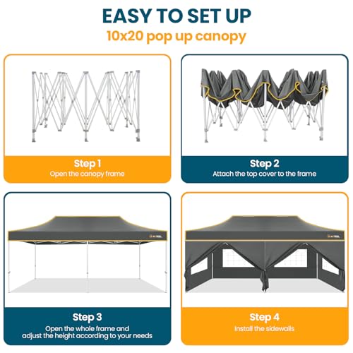 Hoteel 10x20 Pop Up Canopy Tent Heavy Duty with 6 Sidewalls, Waterproof Party Tent, Easy Set-up Commercial Instant Tents with Roller Bag & Sandbags, Hexagonal Leg (1-Year Warranty) - color: Gray, size: 10×20 （6 Walls）