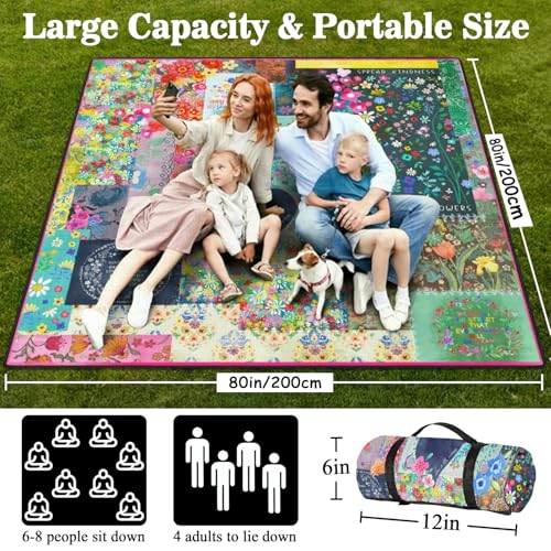 Picnic Blankets Waterproof Foldable Extra Large,80"x 80" Outdoor Beach Blanket Sandproof,3-Layer Lightweight Handy Mat Tote Picnic Camping Rugs for Outside Your Rv (Boho Vintage Floral Muticolor) - color: Picnic Blankets 10