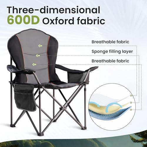 Folding Camping Chairs for Adults - High Back Padded Outdoor Lawn Chairs with Lumbar Support & Cup Holder, Black & Gray,2PCS XL - color: Black & Gray, size: 2 PCS-23.6"