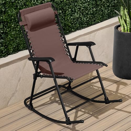Best Choice Products Outdoor Zero Gravity Rocking Chair, Folding Reclining Patio Lounge Chair with Adjustable Pillow for Lawn, Beach, Camping - Brown - color: Brown