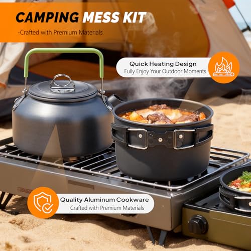 ROVSUN 34/10/6 pcs Camping Cookware Mess Kit, Lightweight Non-Stick Camping Cooking Pot and Pan Set with Stainless Steel Camping Gear Kettle Cup for Open Fire, Backpacking, Outdoor Cooking - style: 10 Pcs