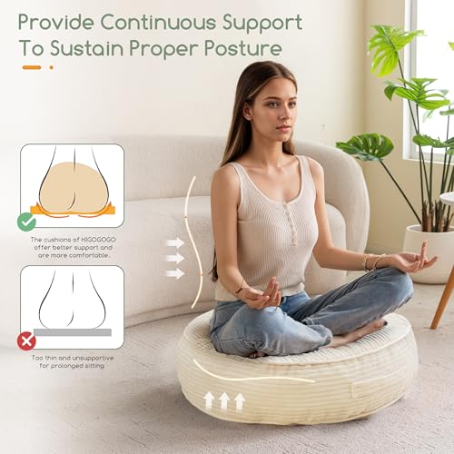 HIGOGOGO 6" Extra Thick Floor Pillow Cushion for Adults, Meditation Cushion Pillow, Large Round Floor Sitting, Tufted Corduroy Cover, for Tatami Living Room or Yoga, 22x22 Inch, 2Pack, Beige - color: Round Beige, size: 6" Thick(Pack of 2)