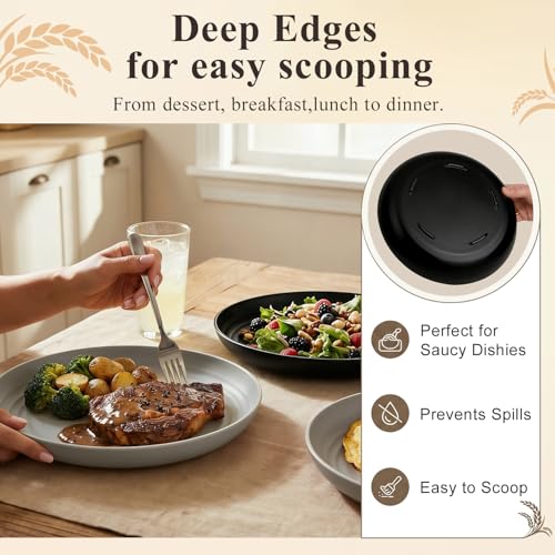 Kitchen Plates Set for 8, Unbreakable Wheat Straw Plates 11 Inch, Alternative to Plastic Plates Reusable, Microwavable Large Plates for Kitchen, Outdoor, Dinner, Party - BlackGrey - color: blackgrey, size: 11 Inch