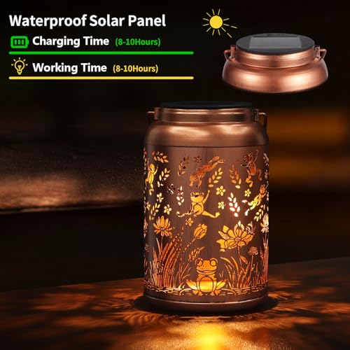 Frog Decoration Solar Lanterns Outdoor Waterproof Garden Decor Gifts for Women Mon Grandma Metal Hanging Solar Lights for Outside LED Lanterns for Yard, Patio, Lawn, Tabletop, Pathway - style: Frog