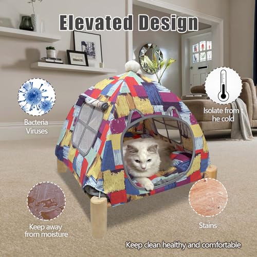 Pozico Portable Cat Tent Bed – Lightweight Foldable Cat House with Soft Washable Cushion, Warm Enclosed Cave for Kittens, Indoor Cats & Small Dogs - color: Colorful Blocks Tent