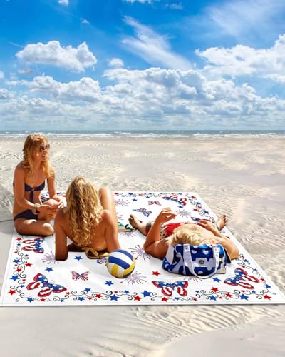 Beach Blanket Sandproof Oversized 108" x 84" 4th of July Butterfly Waterproof Quick Drying Sand Free Mat Independence Day Picnic Blankets for Outdoor Travel Camping Hiking Park - color: Blue Red, size: 108''x84''