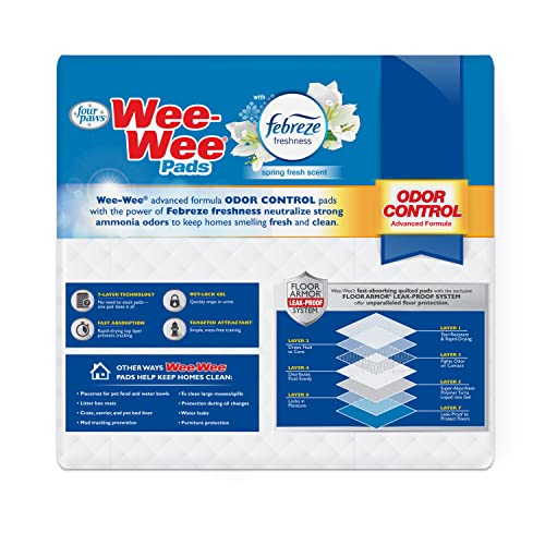 Four Paws Wee-Wee Odor Control with Febreze Freshness Pee Pads for Dogs & Puppies, Leak-Proof Dog Housebreaking Potty Training Floor Protection, Spring Fresh Scent, 22" x 23", 100 Count - size: 22" X 23"