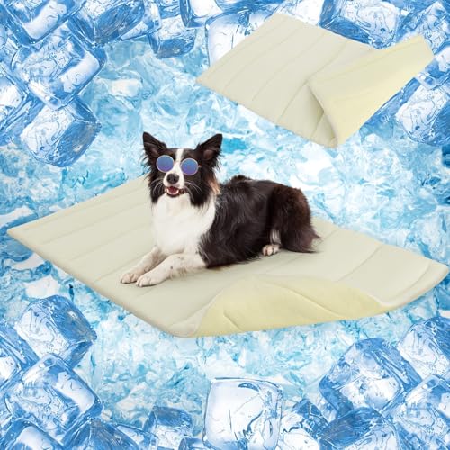 SCENEREAL Dog Cooling Mat for Crate, Thicken Self-Cooling Dog Pad Reversible (Cool & Warm), 48"x28" Pet Cool Bed for M Large XL Dogs, Kennel Sofa Mats Machine Washable, Durable Non-Toxic Gel, Outdoor - color: Beige, size: Large(48" L x 28" W x 1.0" HT)