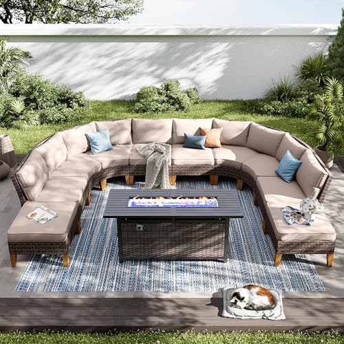 PHI VILLA 9-Piece Half Moon Patio Furniture Set with 56" Fire Pit Table, Outdoor Wicker Sectional Sofa with Thick Beige Cushions, 2 Ottomans, Large Curved Conversation Seating for Garden or Backyard - color: Beige+fire Pit, size: 10 Seats - Half Moon