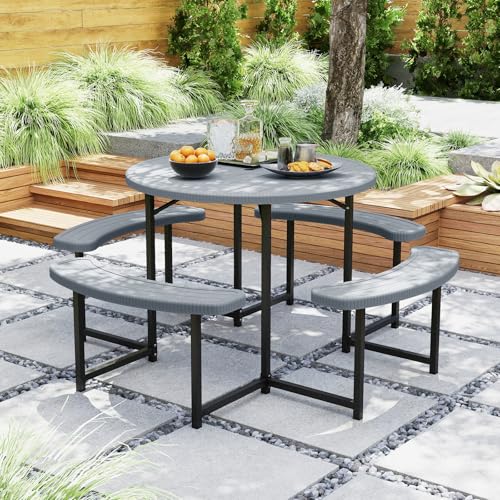 Giantex Picnic Table Bench Set for 4-8 Person, Round 37” Outdoor Dining Table w/Umbrella Hole, HDPE Tabletop, Metal Frame, Patio Furniture Set for Backyard Porch Lawn, 1400lb Capacity (Gray,Round) - color: Grey, size: Round-37"x37"x29"