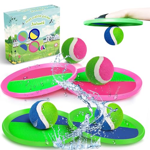 Jalunth Ball Catch Set Game Paddle - Beach Toys Back Yard Pool Outdoor Games Backyard Camping Throw Catch Toss Age 3 4 5 6 7 8 9 10 11 12 Years Old Boys Girls Kids Adults Family Outside Easter Gifts - color: Green+pink 4 Pack