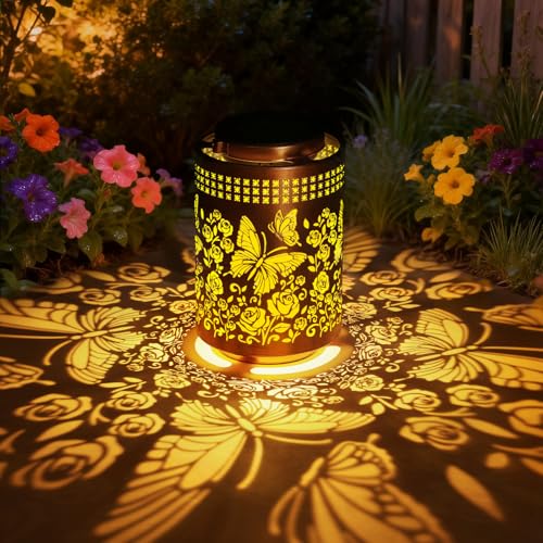 Solar Lanterns Outdoor Waterproof Butterfly Garden Decor Gifts for Women Mom Grandma, Hanging Solar Lights Metal Garden Decoration Outside for Yard, Patio, Backyard, Porch for Gift Card Box Packaging - style: Warm Light