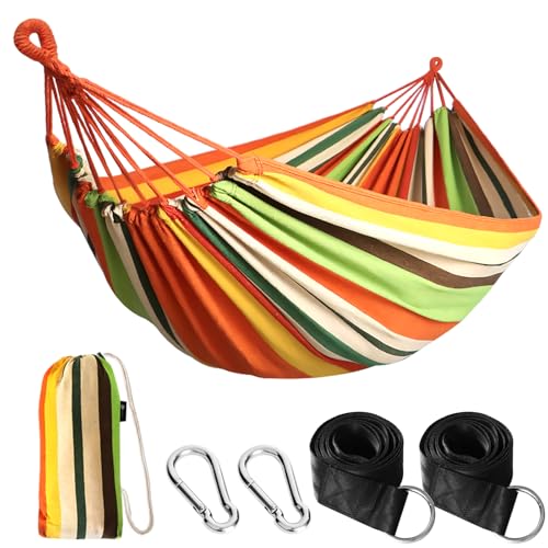 ANYOO Cotton Hammock Portable Camping Hammocks for Hanging Sturdy Garden Comfortable Fabric Hammock with Tree Straps Up to 660lbs with Travel Bag for Camping Outdoor/Indoor Patio Backyard - color: Orange