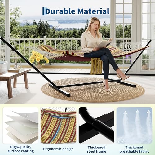 2 Person Double Hammock with Adjustable Steel Stand & Pillow, Heavy Duty Portable Outdoor Hammock Set, MAX 450 LBS Weight Capacity for Patio, Garden, Beach, Backyard - color: V-wine Red & Brown-yellow Striped