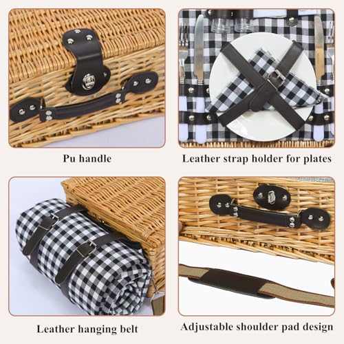 Picnic Basket for 2 with Blanket, Willow Picnic Basket Set with Shoulder Strap&Wine Pouch, Large Willow Hamper with Insulated Cooler for Outdoor, Camping, Beach, Couples, Wedding Gift - color: Black and White Grid