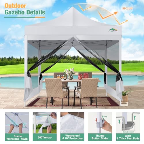COBIZI Canopy Tent 10x10 Heavy Duty Pop Up Canopy with Sidewalls Waterproof,Easy to Set up Gazebo with Mosquito Netting Outdoor Mesh Screen Tents for Parties Wedding Party with Carry Bag, White - color: White, size: 10x10FT