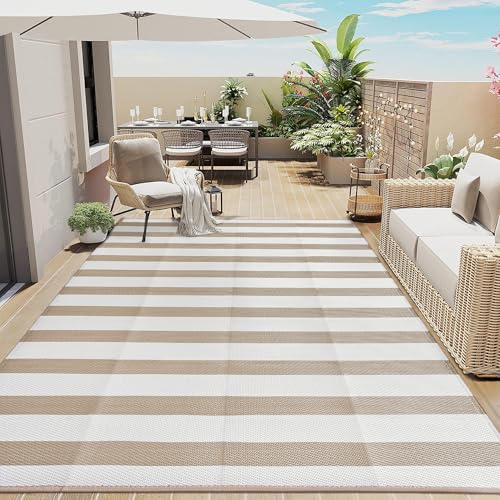 PureCozy Outdoor Waterproof Patio Rug 6x9 Plastic Straw Reversible Lightweight Outside Beige Striped Large Carpet Outdoor for Camping RV Porch Deck Balcony Beach - color: Stripe | Beige, size: 6' x 9' (Rectangular)