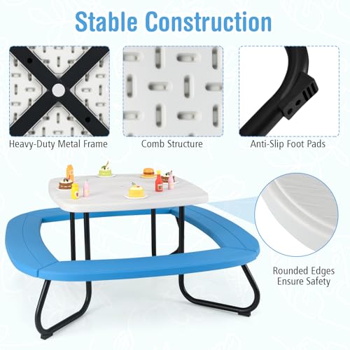 HONEY JOY Kids Picnic Table, 8 Person Toddler Outdoor Table and Chair Set, 4 Built-in Benches, Removable Umbrella, Metal Frame & HDPE Top, Children Outdoor Furniture for Backyard Patio Garden (Blue) - color: Blue