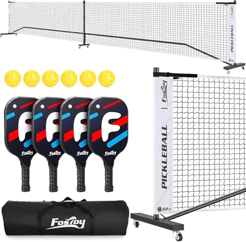 Pickleball Net Set with 4 Fiberglass Paddles, Portable Pickleball Set with 4 Fiberglass Paddles, 6 Balls & Carry Bag, Easy Setup for Driveway, Garage, Kids & Adults - style: 22ft Net With 4 Fiberglass Paddles
