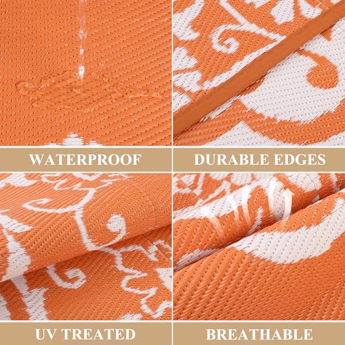 Pauwer Waterproof Outdoor Rug 6x9, Reversible Plastic Straw Patio Camping Rug, Indoor Outdoor RV Mat Carpet for Deck, Camper, Porch, Balcony, Backyard, Picnic, Boho Orange - color: Boho Orange, size: 6' x 9' (Rectangular)