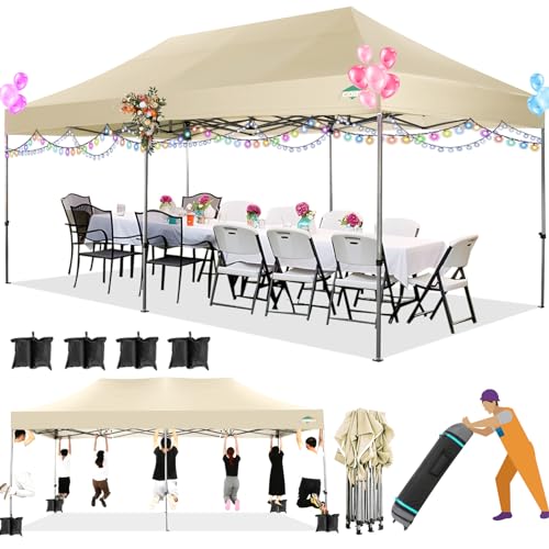 COBIZI 10x20 Heavy Duty Pop up Canopy Tent Easy Up Commercial Outdoor Canopy Wedding Party Tents for Parties All Season Wind & Waterproof Gazebo with Roller Bag,Khaki(Frame Thickened) - color: Khaki, size: 10x20 Without Sidewalls